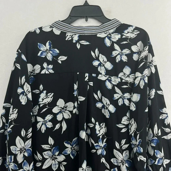 NYDJ Women's Button Up Blouse 2X Black Blue Floral Striped Neck Tie Cuffed Flowy - Picture 8 of 12